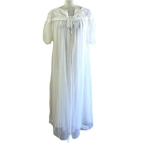 Vintage 70s Unbranded White Flowy Maxi Chiffon Sleep Gown Robe 2pc Set - Picture 1 of 10